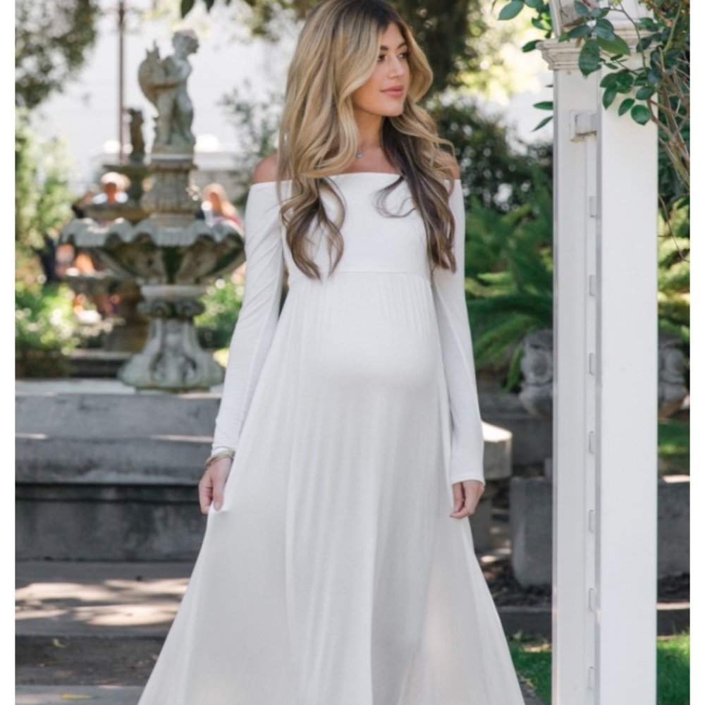 White / ivory off shoulder maternity maxi dress